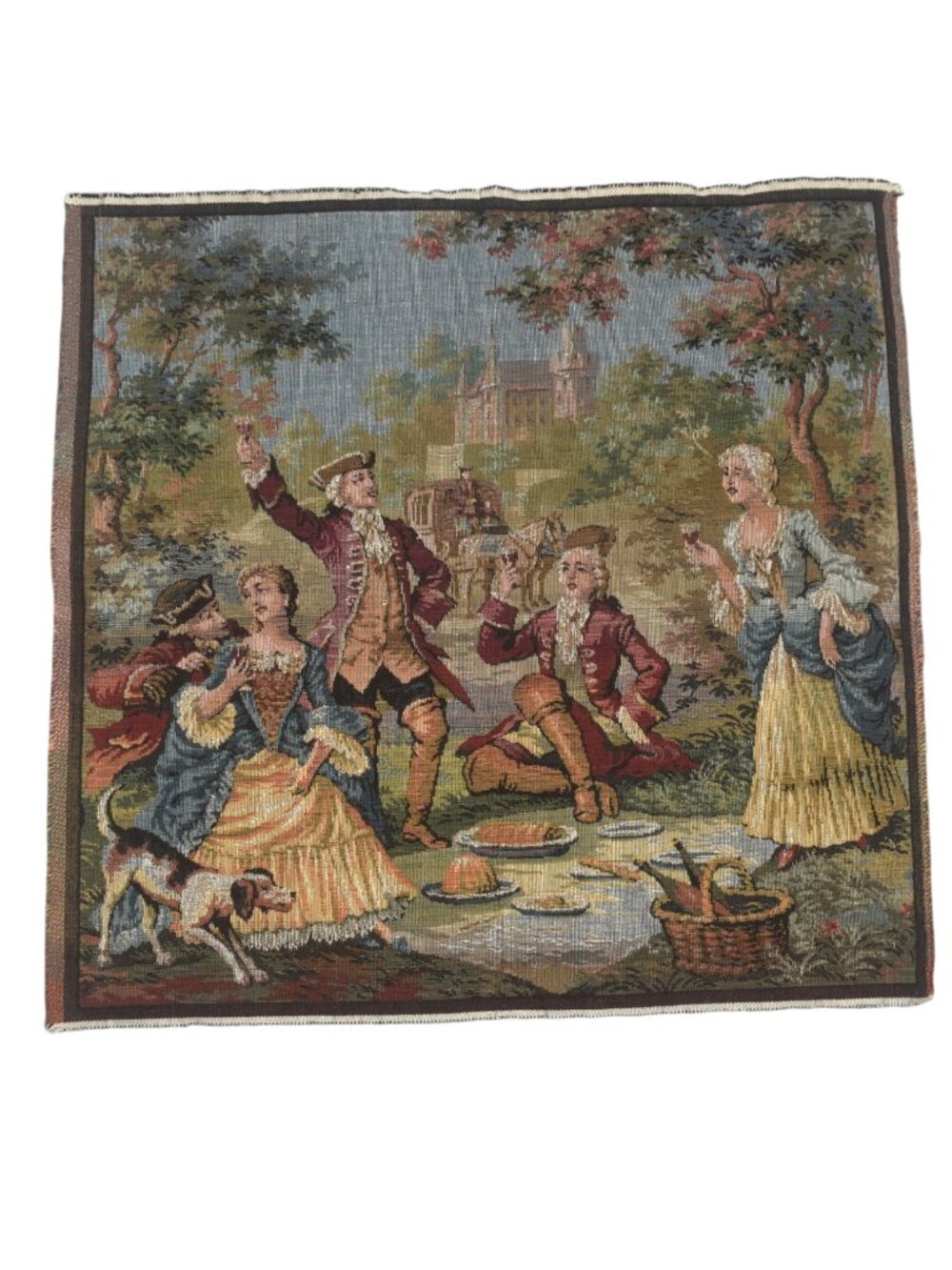 Vintage Tapestry Wall Hanging French Rococo Art Picnic People Dog Belgium 19x19